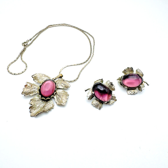 VTG Amethyst Glass Necklace Earrings Set Foil Back Cabochons Silver Tone Leaves - Picture 3 of 10